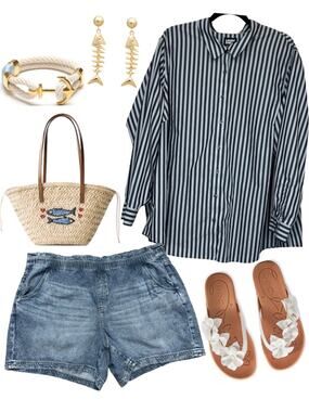 Lands' End Striped Button Up Shirt 24W No Iron Soft Cotton Seaside Coastal Top
